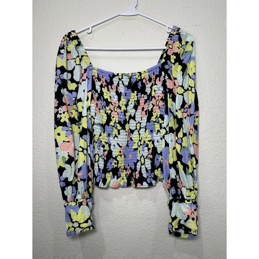 Free People Smocked Floral Crop Top Square Neck Puff Sleeve Multicolor XS